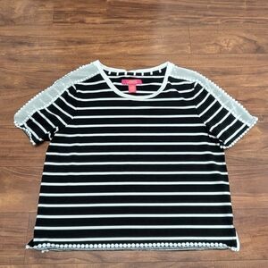 Catherines Black and White Striped Tee with Lace Accents